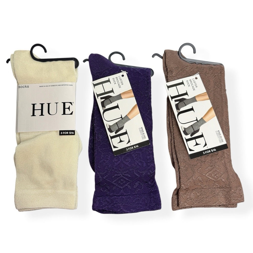 Hue Luster Brocade Flat Knit Socks 3 Pair Set Ivory Aubergine Mink One Size NEW